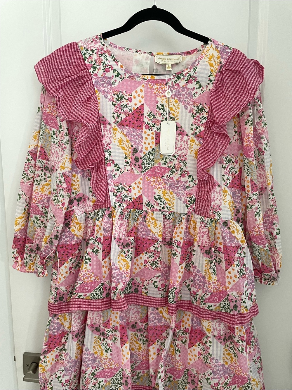 NEW Simply Southern Pink Patchwork Tiered Ruffled Long Sleeve Maxi Dress NWT G53 - Picture 3 of 7